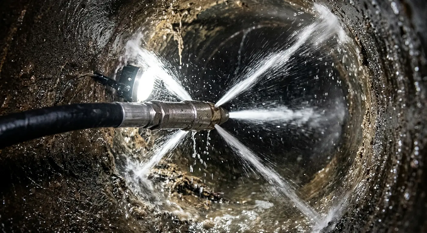 High-pressure hydro jetting nozzle cleaning sewer pipe for Trenchless Sewer Repair in Red Hook