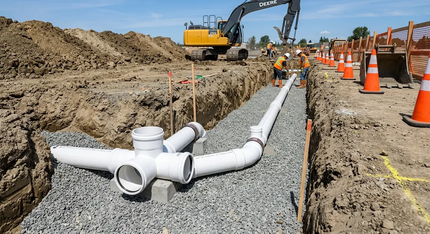 New PVC sewer pipe installation in open trench for Commercial Drain Cleaning in Red Hook