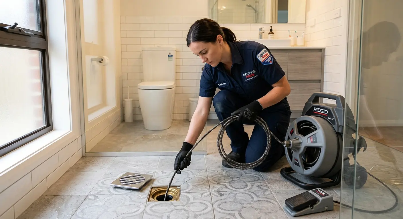 Technician clearing a bathroom floor drain for Hydro Jetting in Red Hook